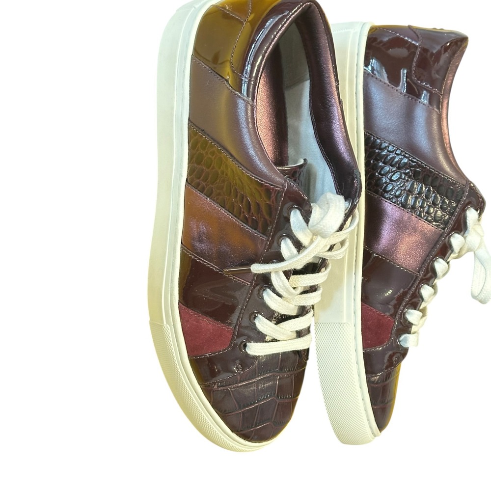 Tory Burch Howell Court Sneakers Burgundy Croc Patent Leather Multi Colorblock - Picture 3 of 16